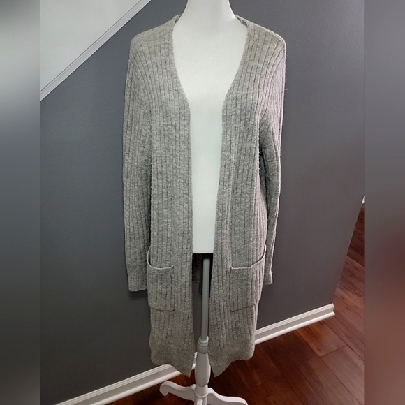 Max Studio Gray Black Herringbone Open Front Long Cardigan Sweater Size L - Picture 1 of 6